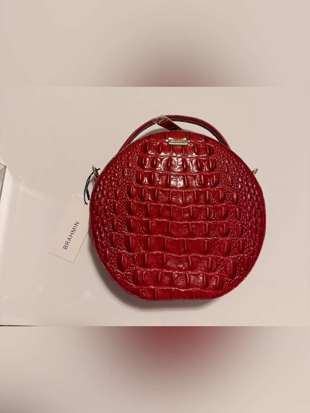 Brahmin Red Croc-Embossed Round Mini Top-Handle Bag